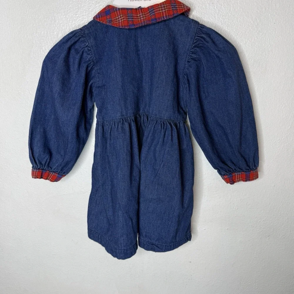 Vintage Oshkosh Denim Red Plaid‎ Collar Button Up Dress Girls 2T Christmas Party